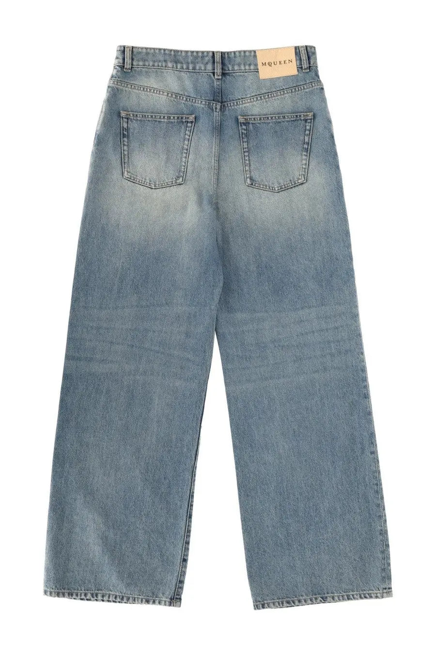 Back view of light-wash alexander mcqueen women’s wide leg denim jeans with high-rise waist and beige brand label