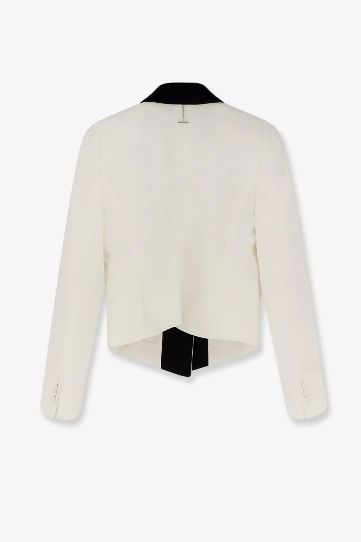 Alexander McQueen women’s wool blazer in cream with black collar and fabric tie shown from the back with long sleeves