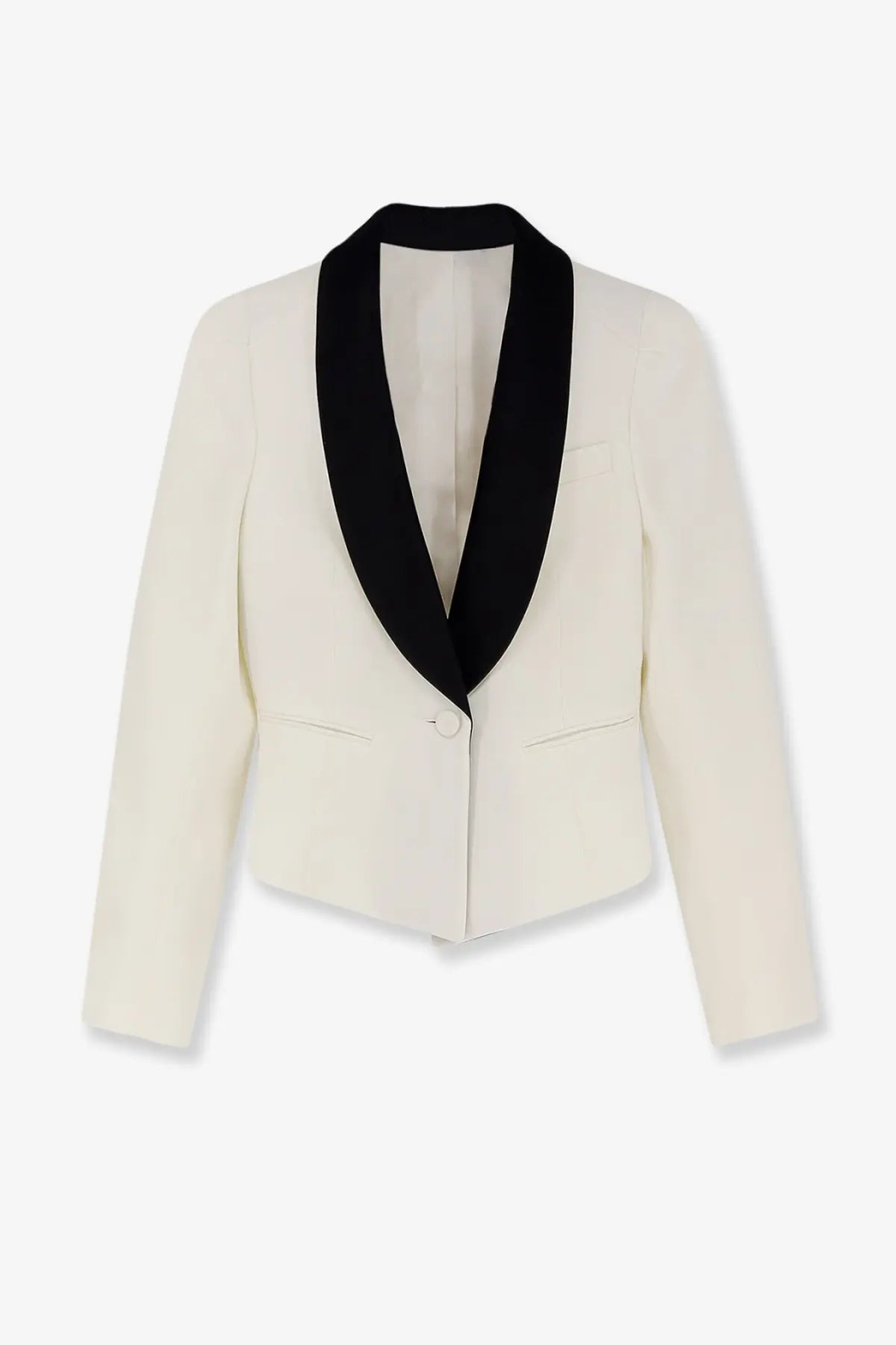 Alexander McQueen women’s cream wool blazer with sleek black satin lapel and single button closure