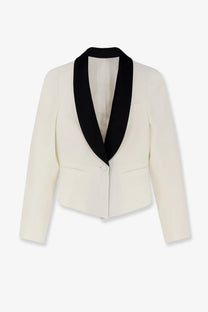 Alexander McQueen women’s cream wool blazer with sleek black satin lapel and single button closure