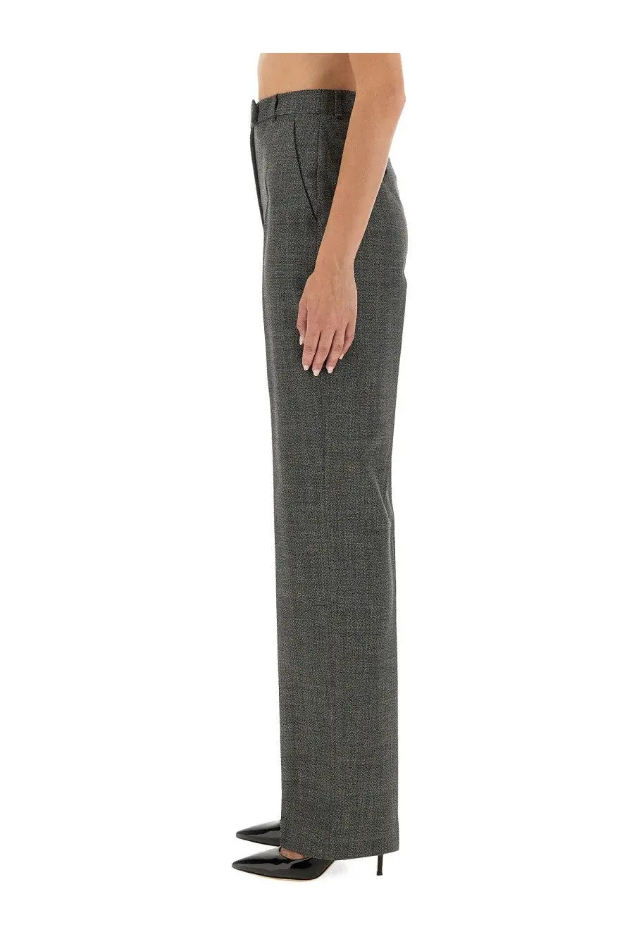 Alexander McQueen women’s dark gray herringbone wool trousers with a straight-leg cut and concealed side pockets