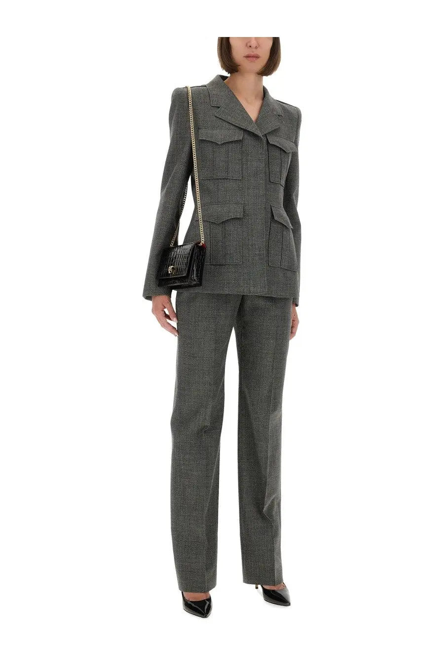 Gray houndstooth wool blazer with structured shoulders and flap pockets paired with alexander mcqueen women’s grey wool pants