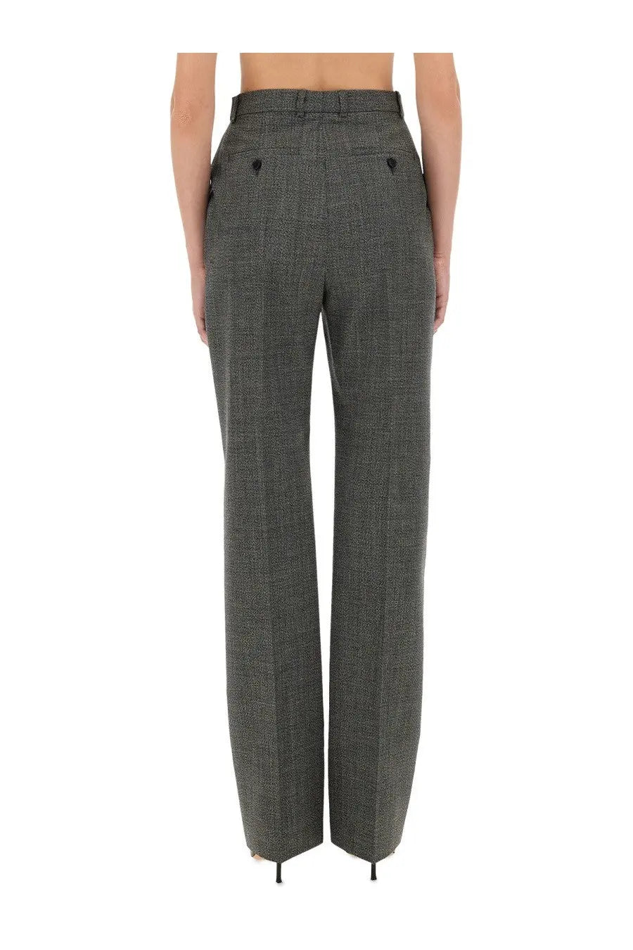 High-waisted dark gray herringbone wool blend trousers with black button accents from Alexander McQueen womens wool pants gray