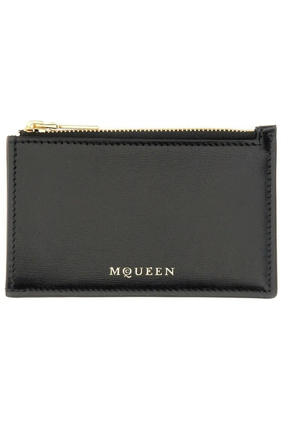 Alexander McQueen women’s black leather zippered card holder with gold-tone zipper and embossed McQueen logo