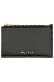 Alexander McQueen women’s black leather zippered card holder with gold-tone zipper and embossed McQueen logo