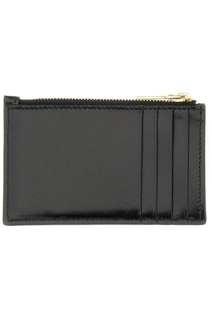 Alexander McQueen women’s black patent leather card holder with gold-tone zipper and stitched vertical slots