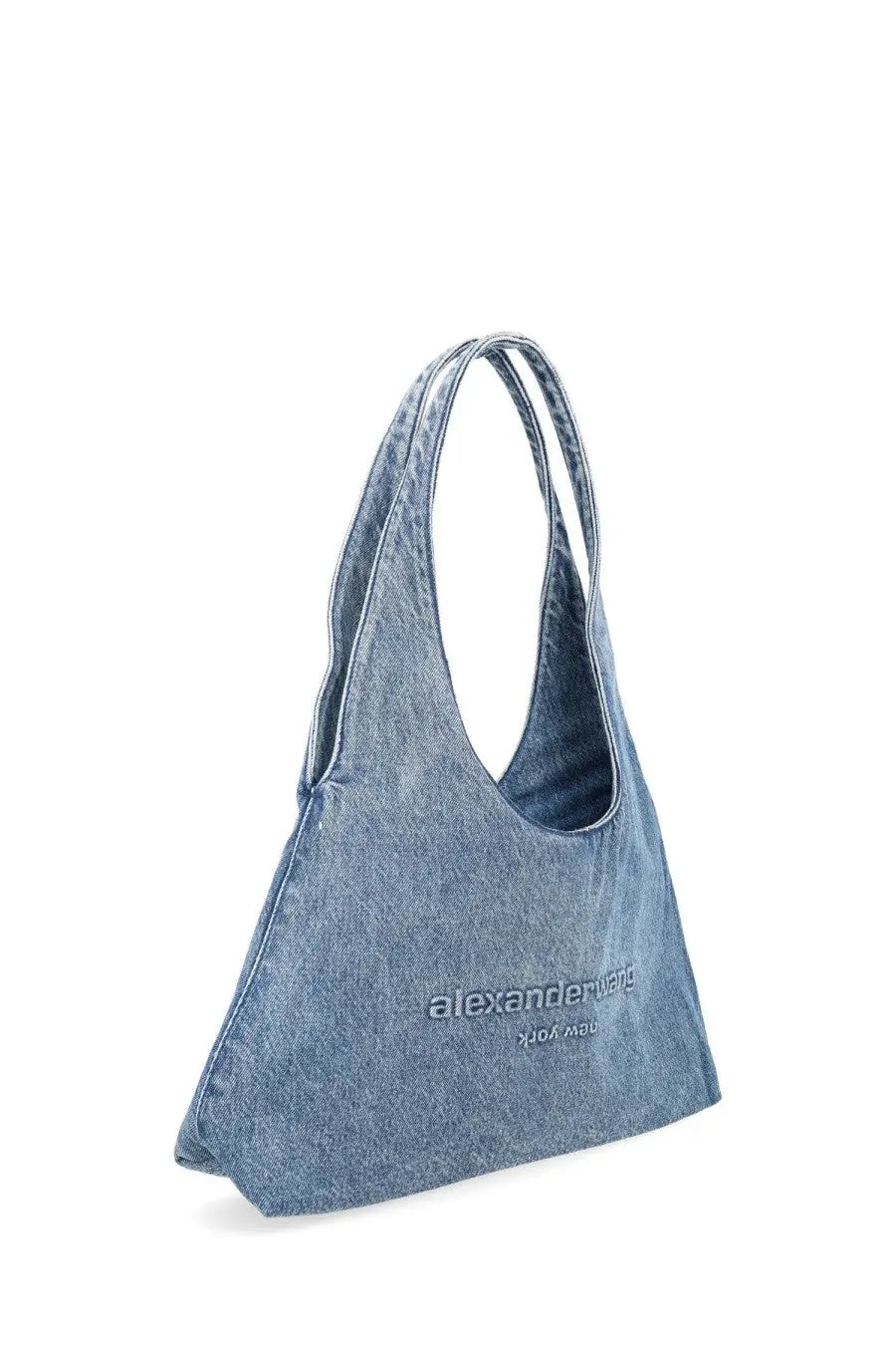 Denim shoulder bag in medium blue with alexander mcqueen embroidery on front by alexanderwang women