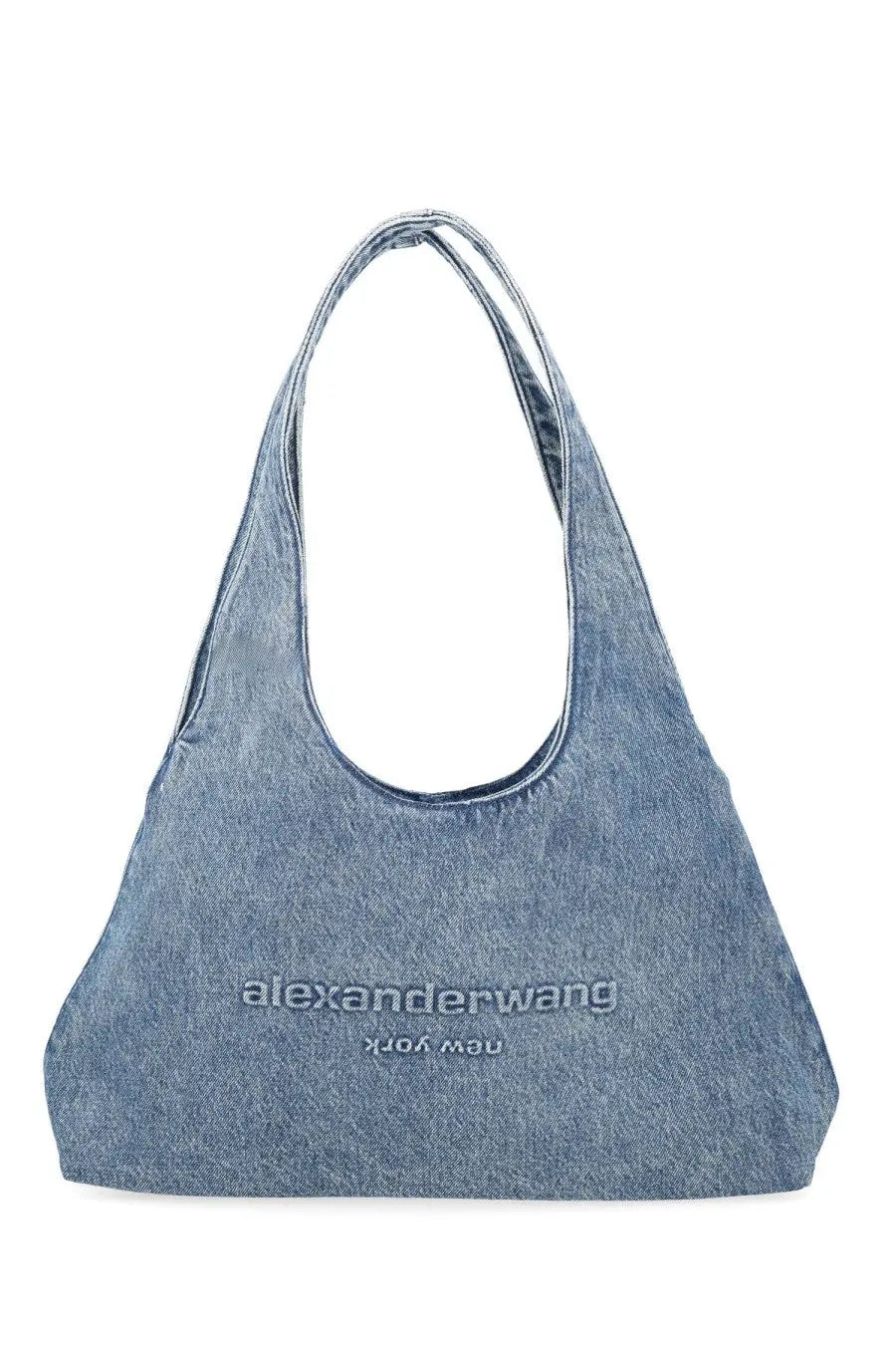 Denim shoulder bag with alexanderwang new york embroidered in contrasting thread in medium blue color