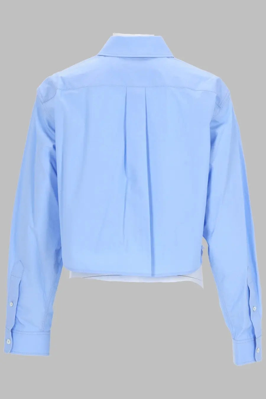 Alexanderwang women’s light blue long-sleeved button-up shirt with pleated back and crisp collar shown from back