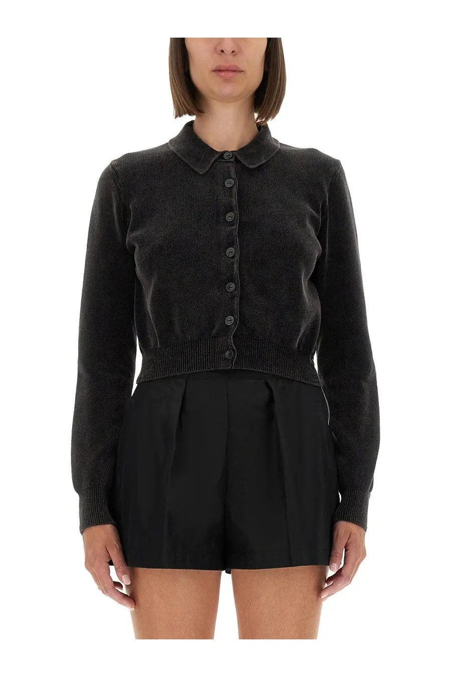 Alexanderwang women’s black textured knit cardigan with button front and collar in grey tone