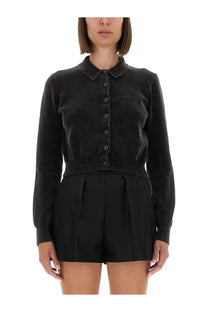 Alexanderwang women’s black textured knit cardigan with button front and collar in grey tone