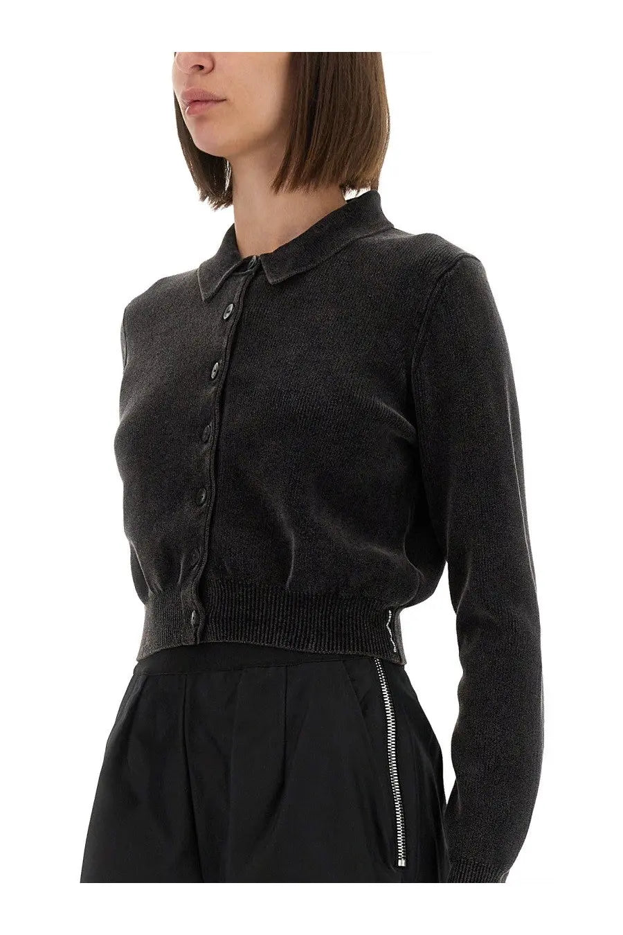 Alexanderwang women’s grey knit cardigan with collar and button front in textured fabric