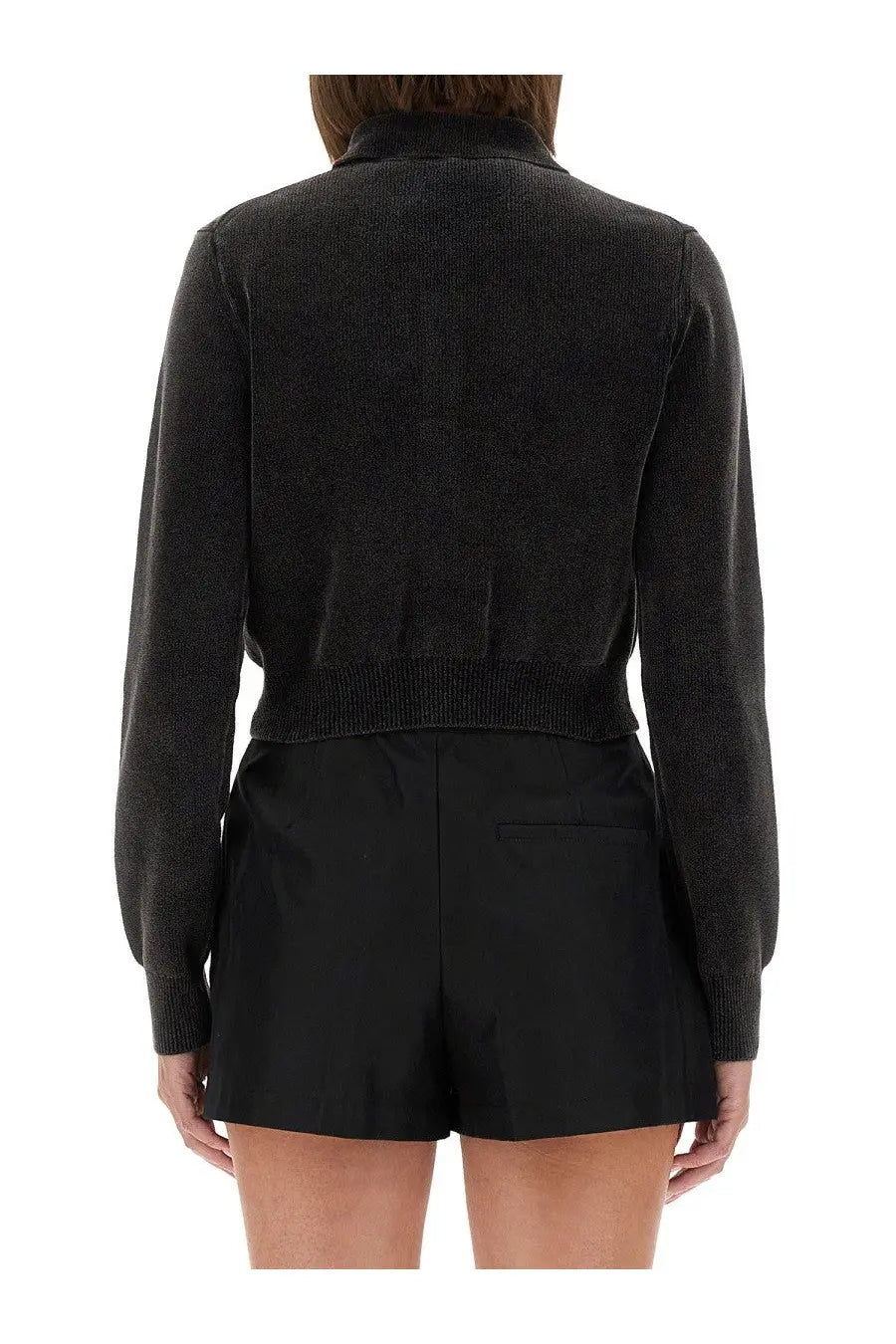 Alexanderwang women’s cardigan grey black textured knit cropped jacket with ribbed cuffs and hem front view