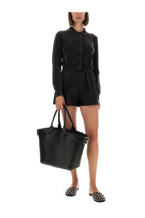 Black textured leather tote bag with top handles and silver buckle detail from alexanderwang womens cardigan grey collection