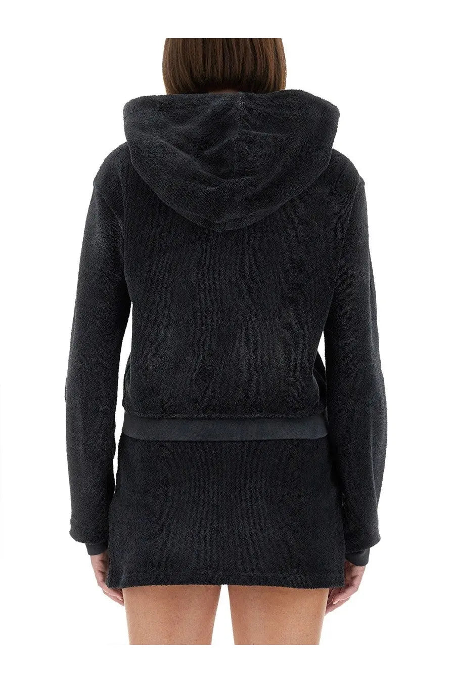 Alexanderwang women’s black cotton terry sweatshirt with hood and ribbed waistband shown from the back