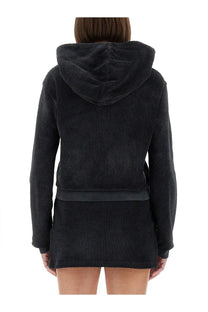 Alexanderwang women’s black cotton terry sweatshirt with hood and ribbed waistband shown from the back