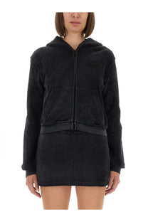 Alexanderwang women’s black cotton terry sweatshirt zip-up hoodie with textured velvety fabric and ribbed waistband