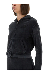 Alexanderwang women’s black cotton terry zip-up hoodie with subtle logo and matching ribbed waistband