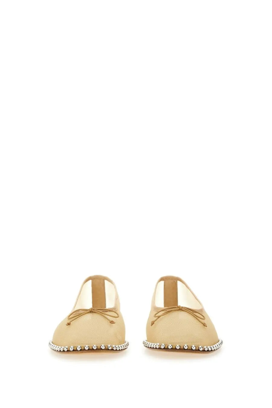 Alexanderwang women’s dancer lina beige satin ballet flats with delicate bow and silver bead trim along the sole