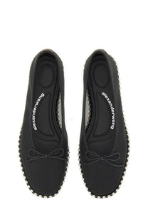 Black alexanderwang women’s dancer lina ballet flats with sleek canvas upper silver studs and bow at the toe