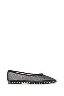 Alexanderwang women’s dancer lina black mesh ballet flat with delicate bow and silver studs along the edge