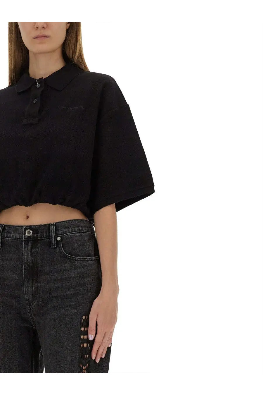 Black cropped polo shirt with short sleeves and collar by alexanderwang womens deconstructed polo black