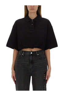Alexanderwang women’s deconstructed black cropped polo shirt with short sleeves and buttoned collar in cotton blend