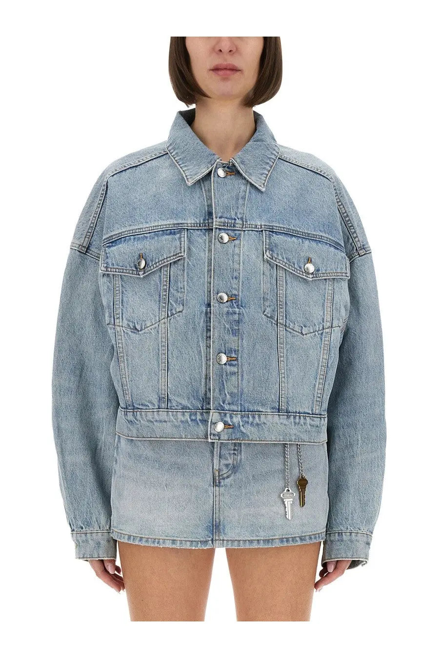 Alexanderwang women’s light-wash denim trucker jacket with relaxed fit silver buttons and keychain accents