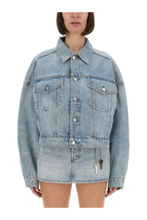 Alexanderwang women’s light-wash denim trucker jacket with relaxed fit silver buttons and keychain accents