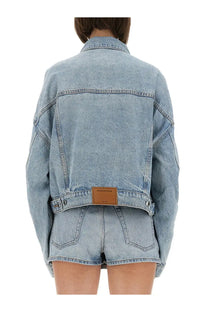 Alexanderwang women’s light-wash denim clip on trucker jacket with classic collar and brown leather patch waistband