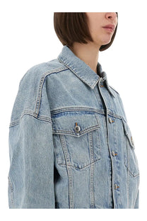Alexanderwang women’s light-wash denim clip on trucker jacket with button front and chest pockets in blue