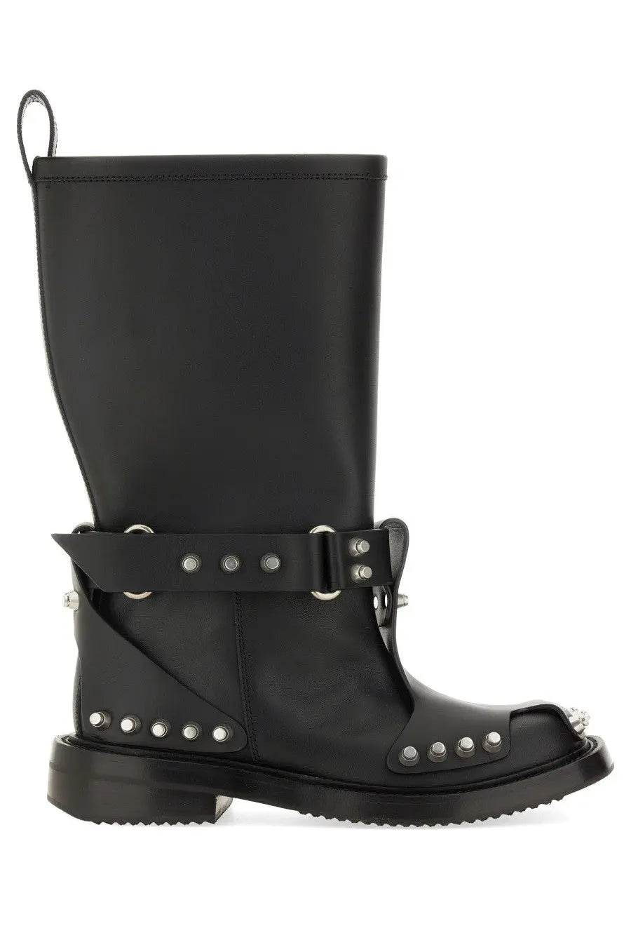 Alexanderwang women’s dixon black leather combat boot with silver studs and buckle strap front view