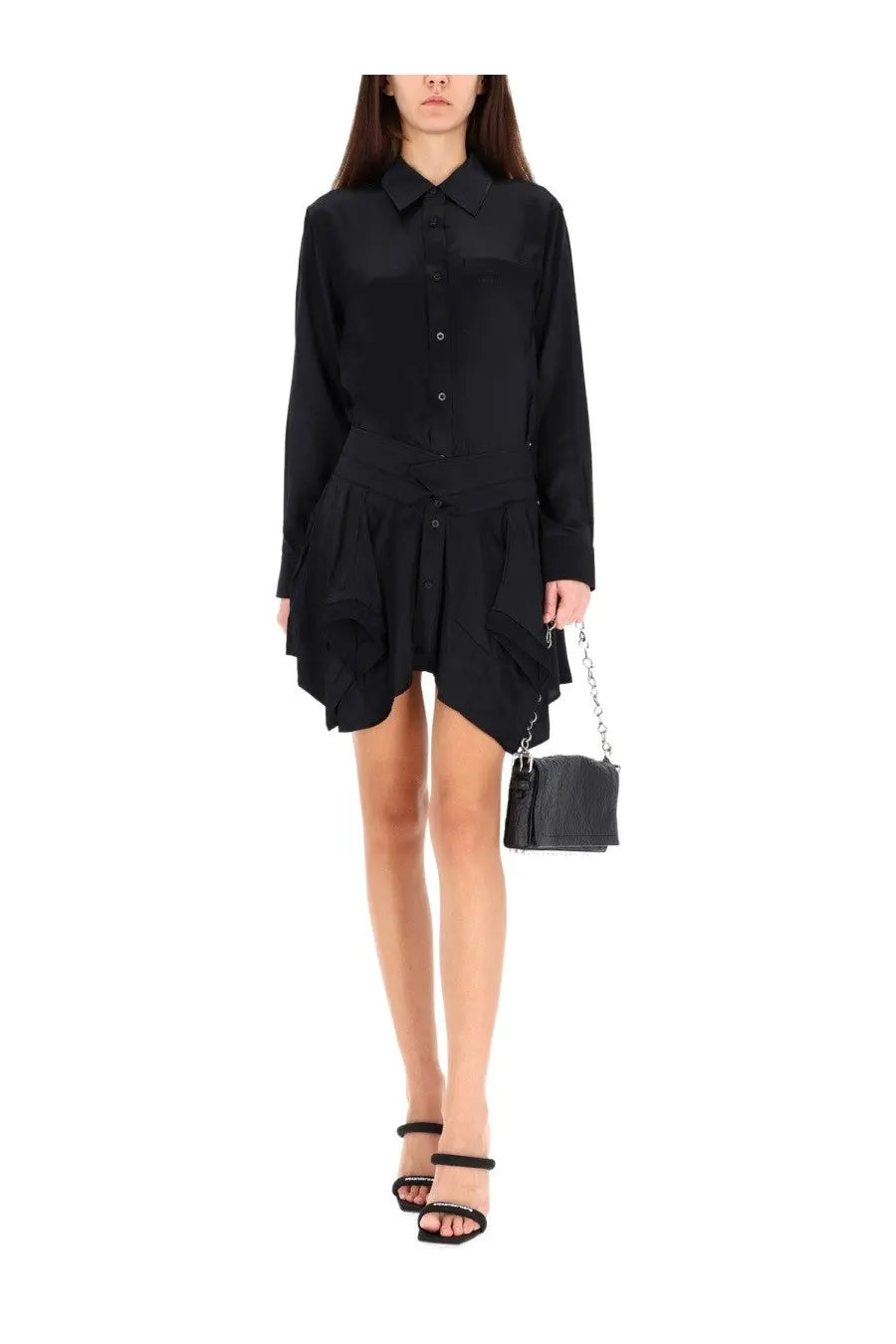 Black leather mini crossbody bag with chain strap paired with alexanderwang women’s double chemisier dress black