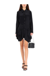 Black leather mini crossbody bag with chain strap paired with alexanderwang women’s double chemisier dress black