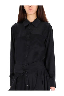 Alexanderwang women’s black satin button-down shirt dress with belted waist and subtle pleating