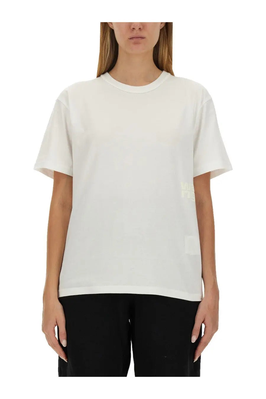 White cotton alexanderwang womens essential t shirt with subtle minimalist branding on the lower left side