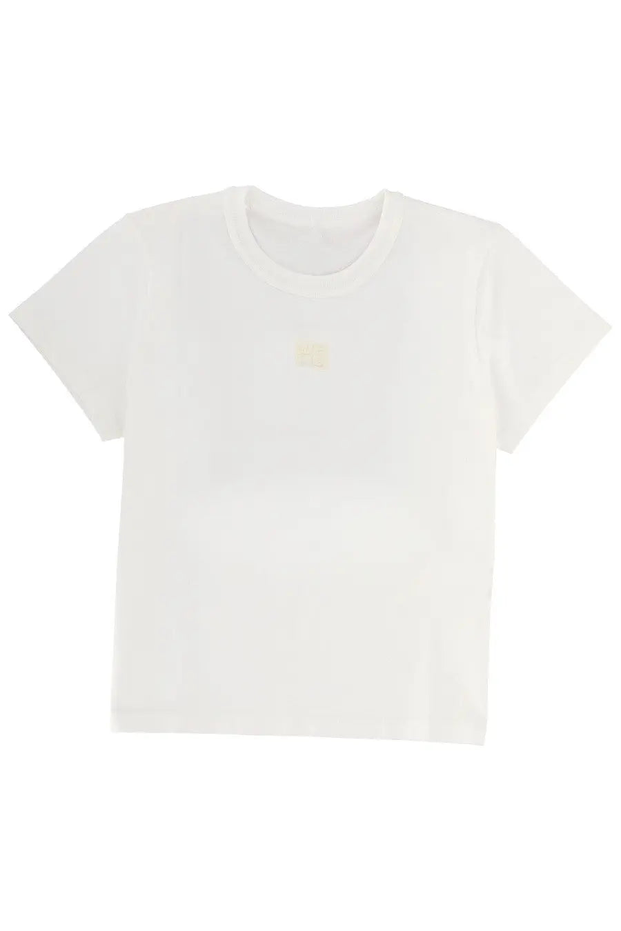 Alexanderwang women’s essential shrunk white short-sleeved t-shirt with a small yellow logo patch on the chest