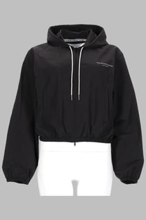 Black alexander mcqueen cropped hooded jacket with white zipper pulls and subtle brand embroidery for women
