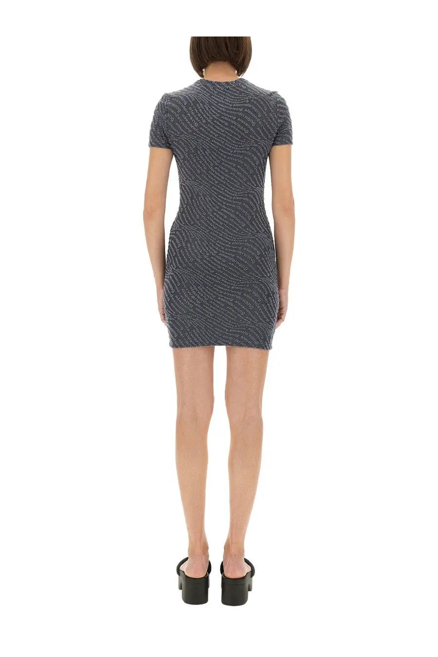 Alexanderwang women’s dark gray jacquard mini dress with short sleeves and subtle shimmering wave pattern