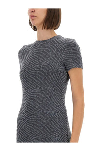 Alexanderwang women’s jacquard mini dress grey with form-fitting short sleeves and repeating white alexanderwang text pattern