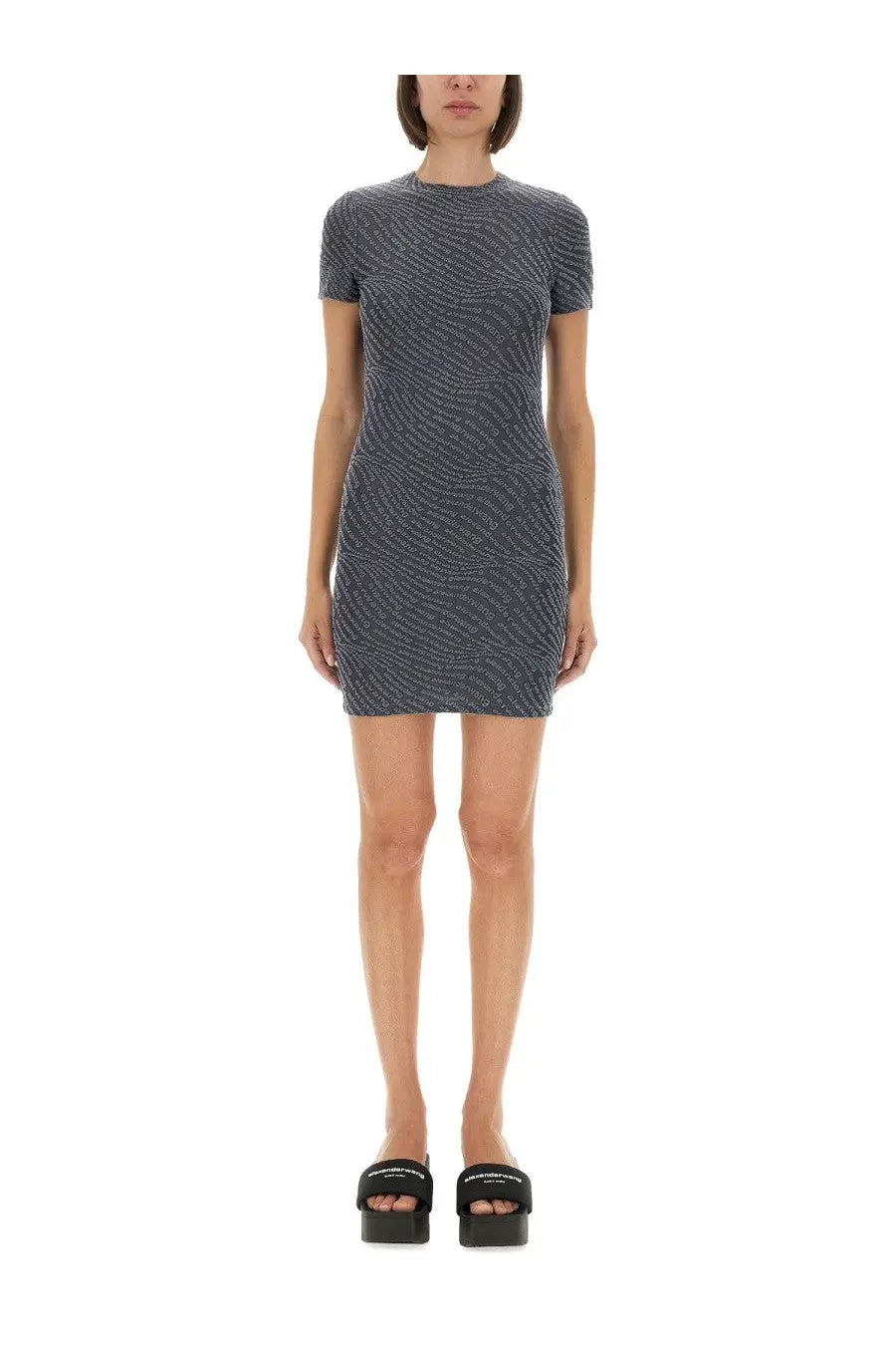 Alexanderwang women’s jacquard mini dress grey in dark gray with shimmering wave pattern and short sleeves
