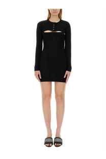 Alexanderwang women’s black knit mini dress with long sleeves buttoned neckline and horizontal cutouts