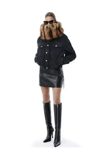 Black denim jacket with plush brown fur collar shown with alexanderwang women’s leather miniskirt black front view