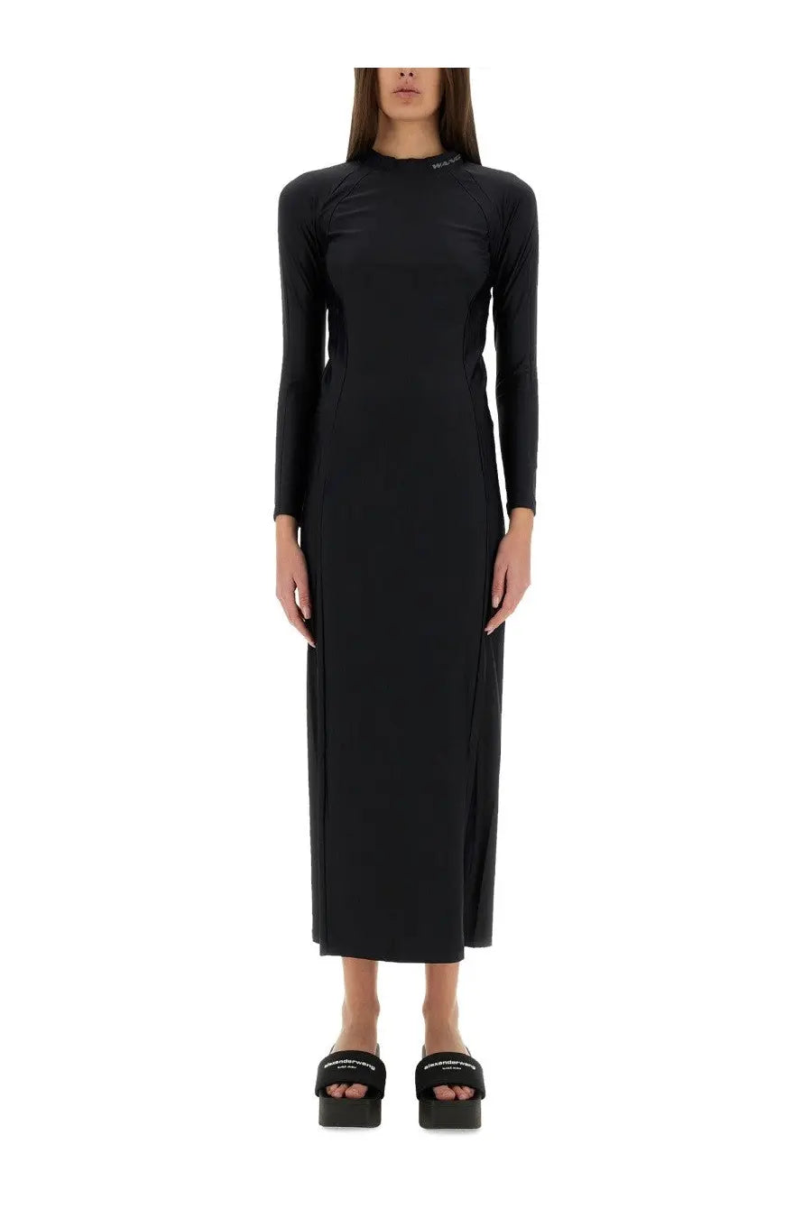Alexanderwang womens black long sleeved midi dress with high neckline side slit and sleek form fitting fabric
