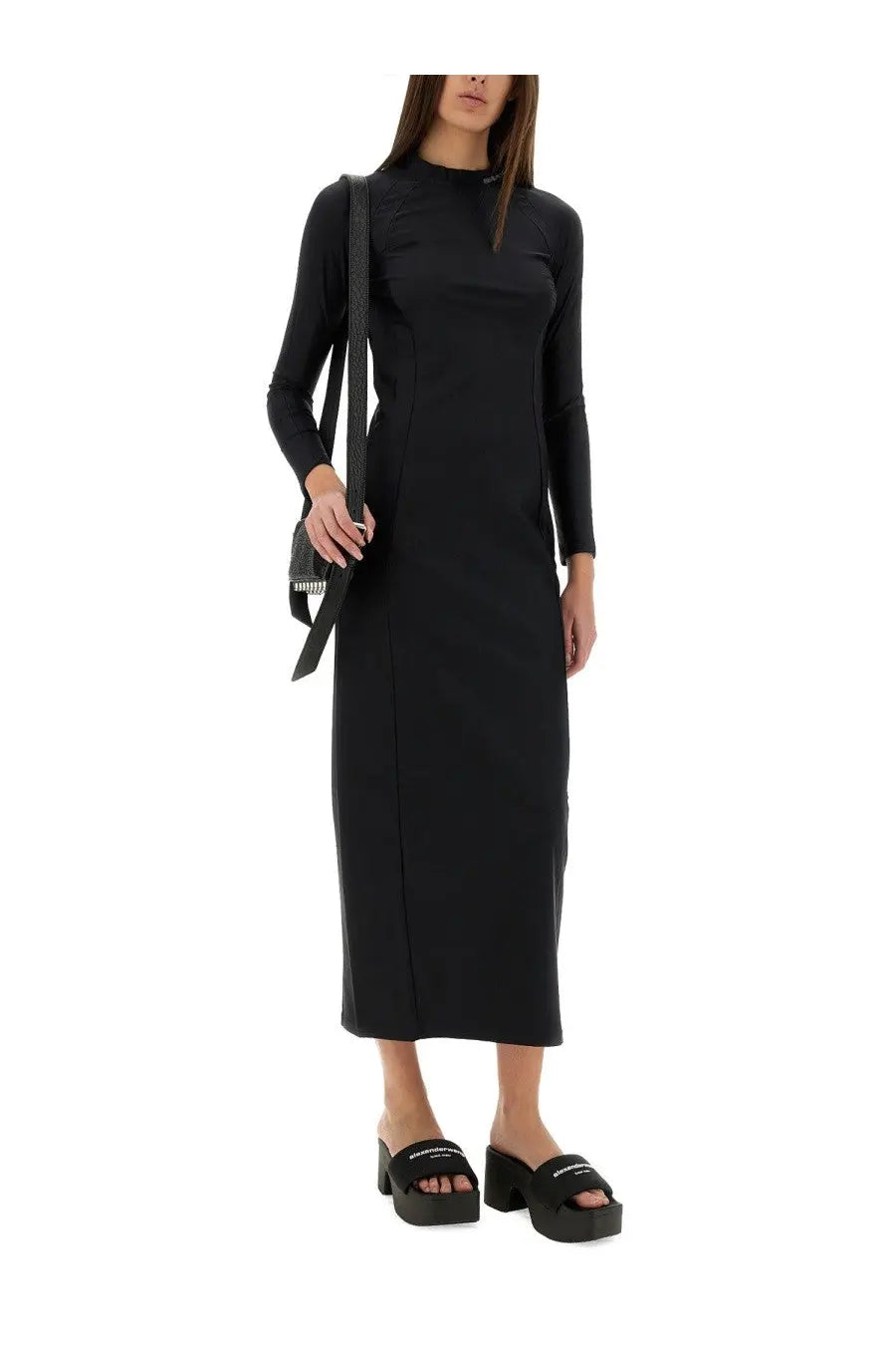 Alexanderwang women’s black long-sleeved midi dress with high neckline and front slit for elegant occasions