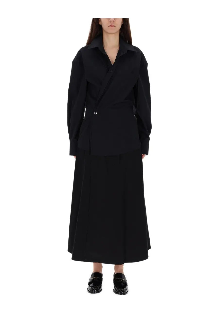 Alexanderwang women’s long black wrap dress with oversized shirt style and subtle asymmetrical detailing