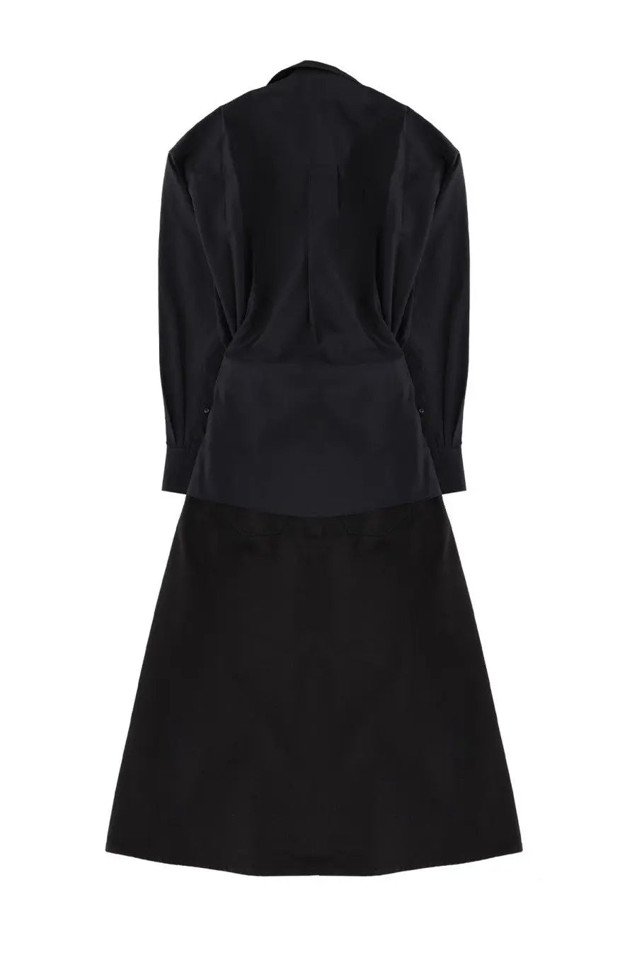 Alexanderwang women’s long wrap dress black shown from the back with a black satin blazer and matching skirt
