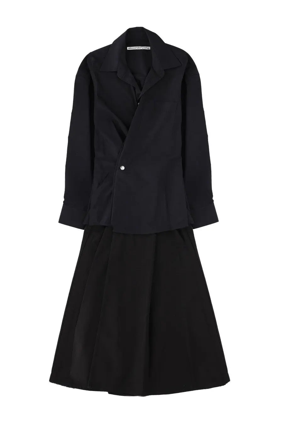 Alexanderwang women’s long wrap dress in black featuring a black structured blazer with single button and pleated skirt