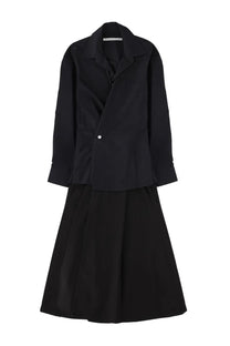 Alexanderwang women’s long wrap dress in black featuring a black structured blazer with single button and pleated skirt
