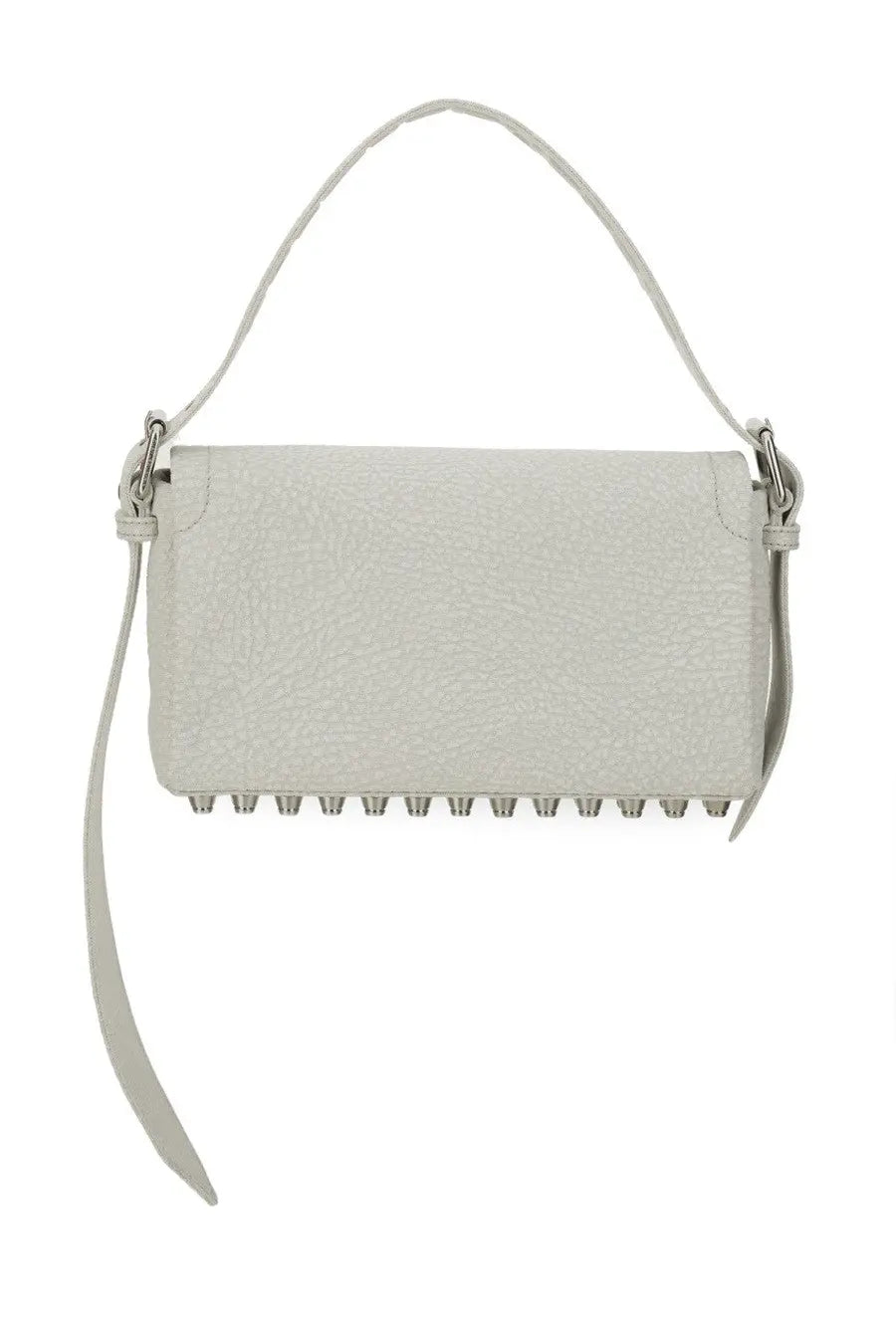 Alexanderwang women’s medium rich bag white light gray textured leather crossbody with studded bottom edge and adjustable strap